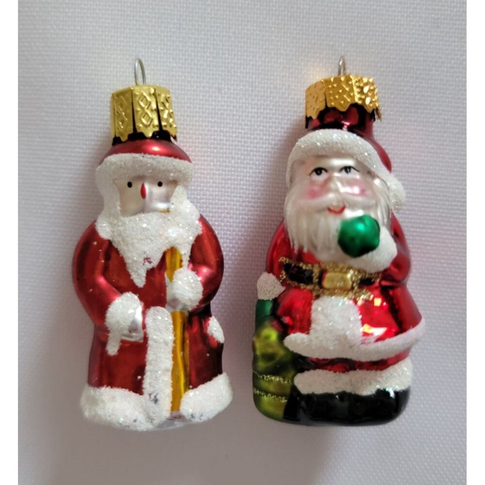 Set of 2 Vintage Santa St Nick 2" Glass Christmas Ornaments